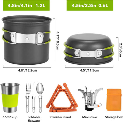 Kit utensilios cocina acero inox camping estufa trípode taza