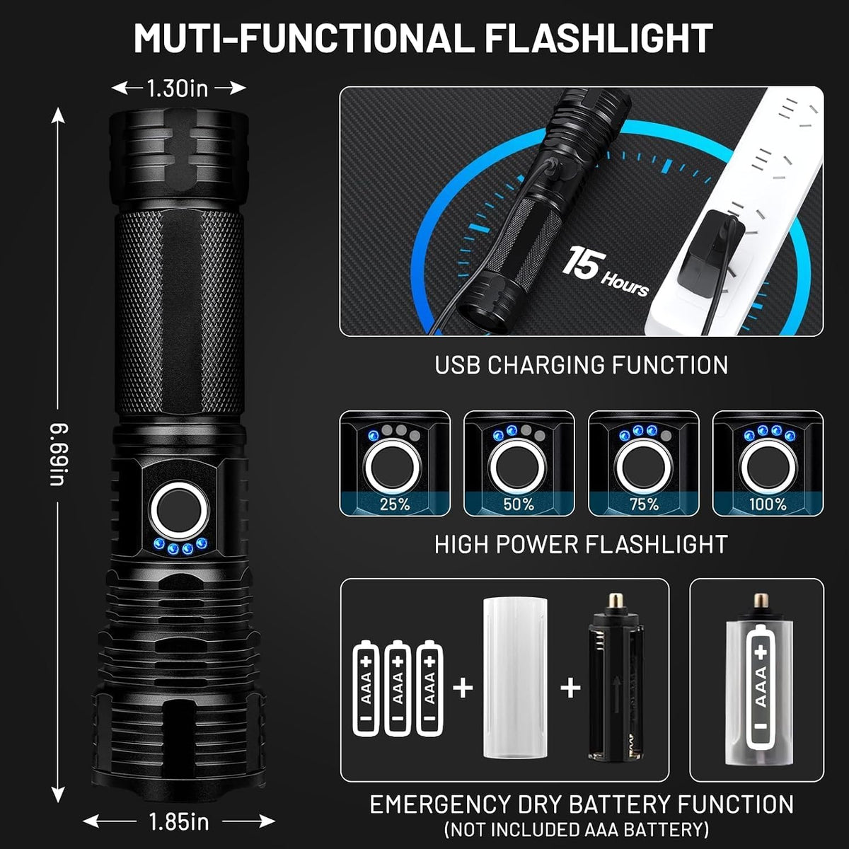 Linterna LED recargable 90000 lúmenes 5 modos impermeable