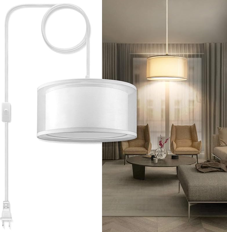 Lámpara colgante enchufable 15ft cable blanco interruptor tela lino