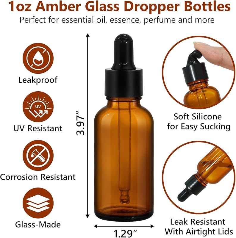 60 Botellas Cuentagotas Vidrio Ámbar 30ml para Aceites