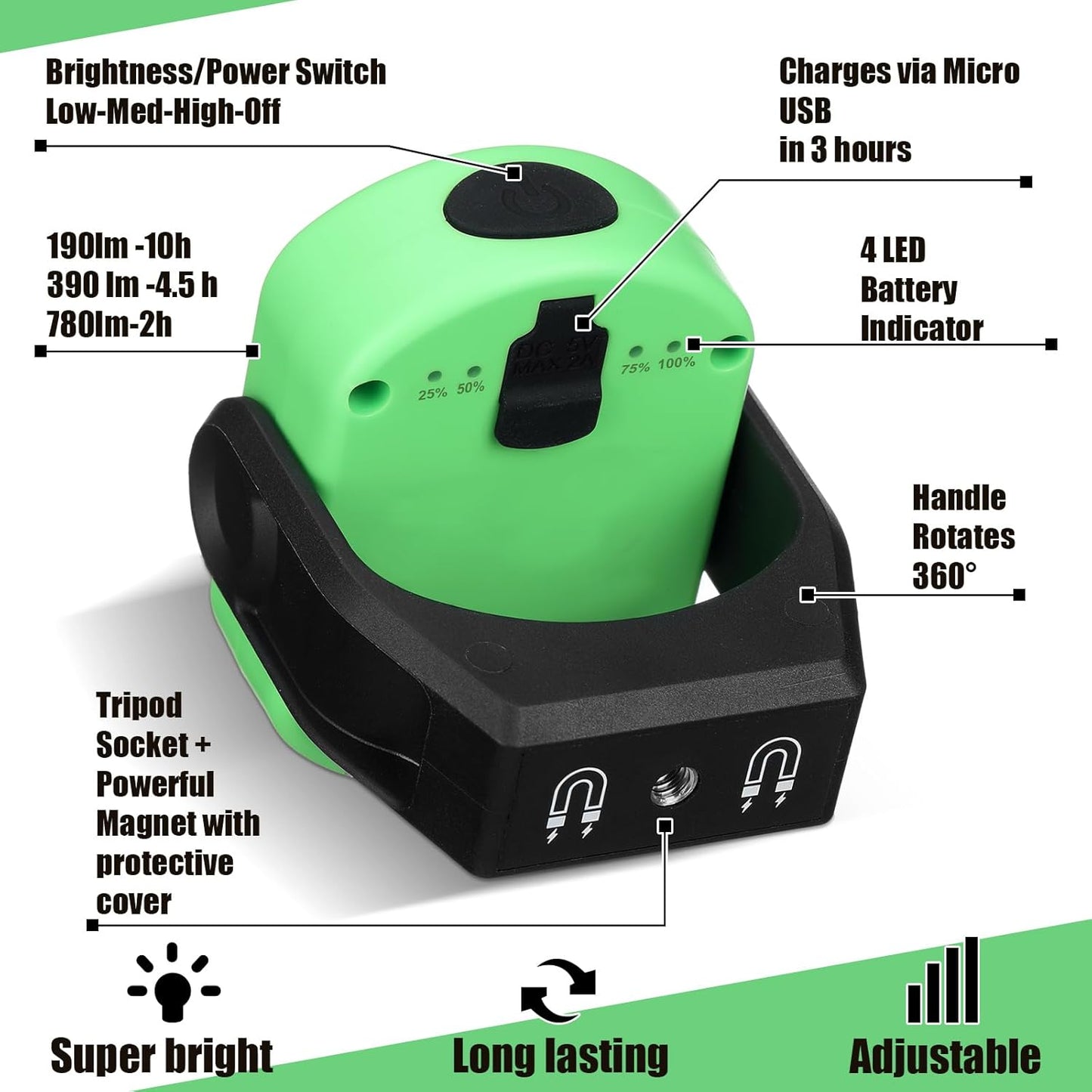 2 Pzas Luz Trabajo Magnética LED 780lm Recargable USB