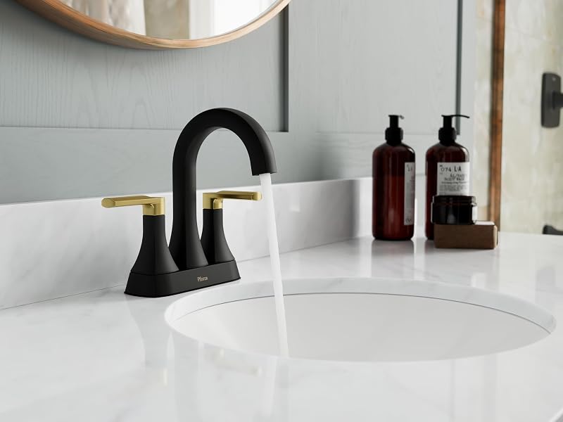 Grifo lavabo baño 4pulg 2 manijas 3 agujeros negro y dorado