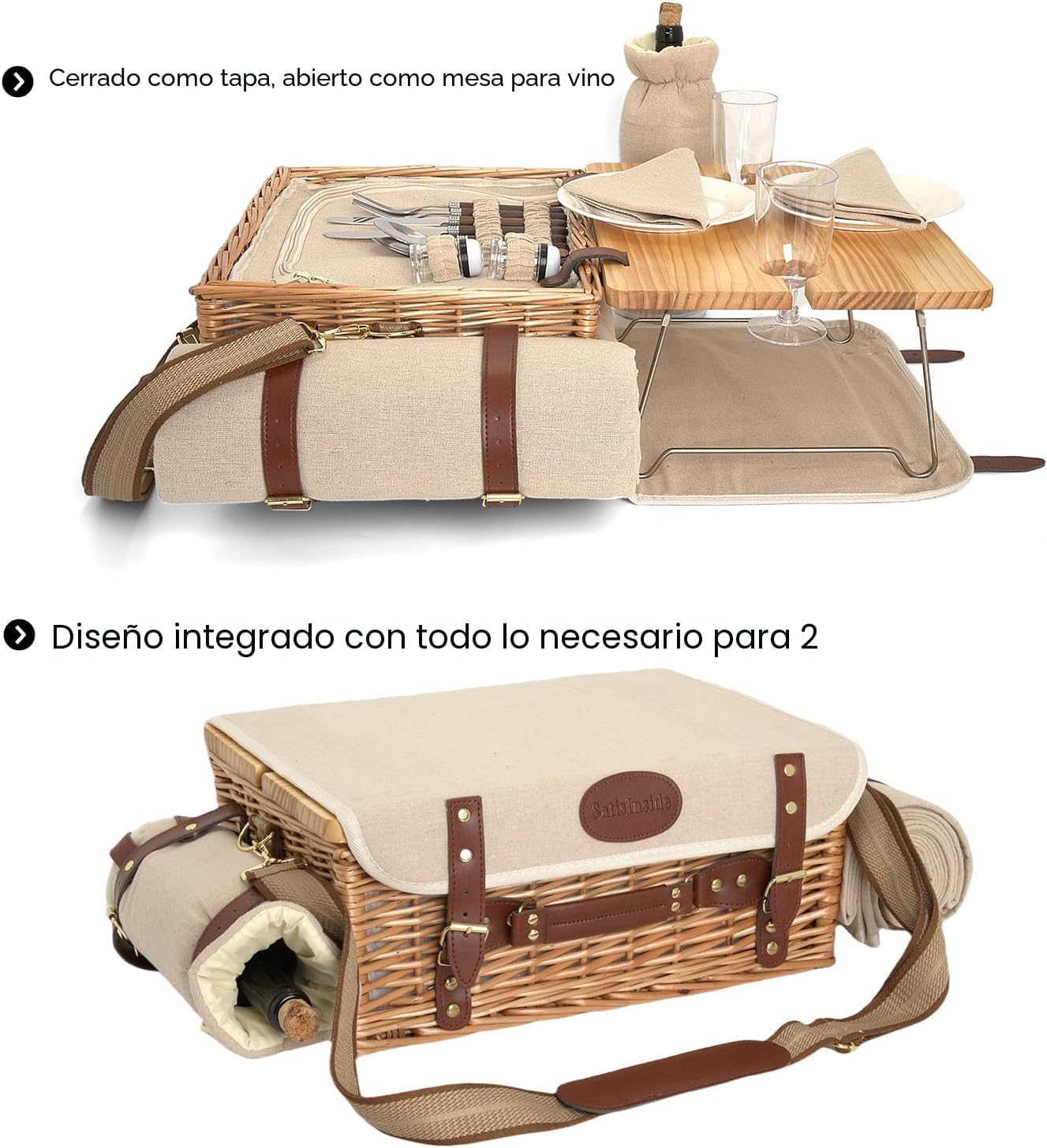Set picnic mimbre con manta y mesa para 2