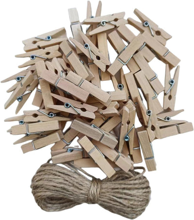 50 Pzas Pinzas Madera con Cordel Yute para Manualidades