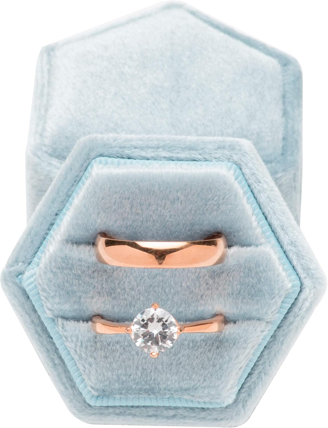 Caja anillos terciopelo soporte hexagonal doble tapa azul