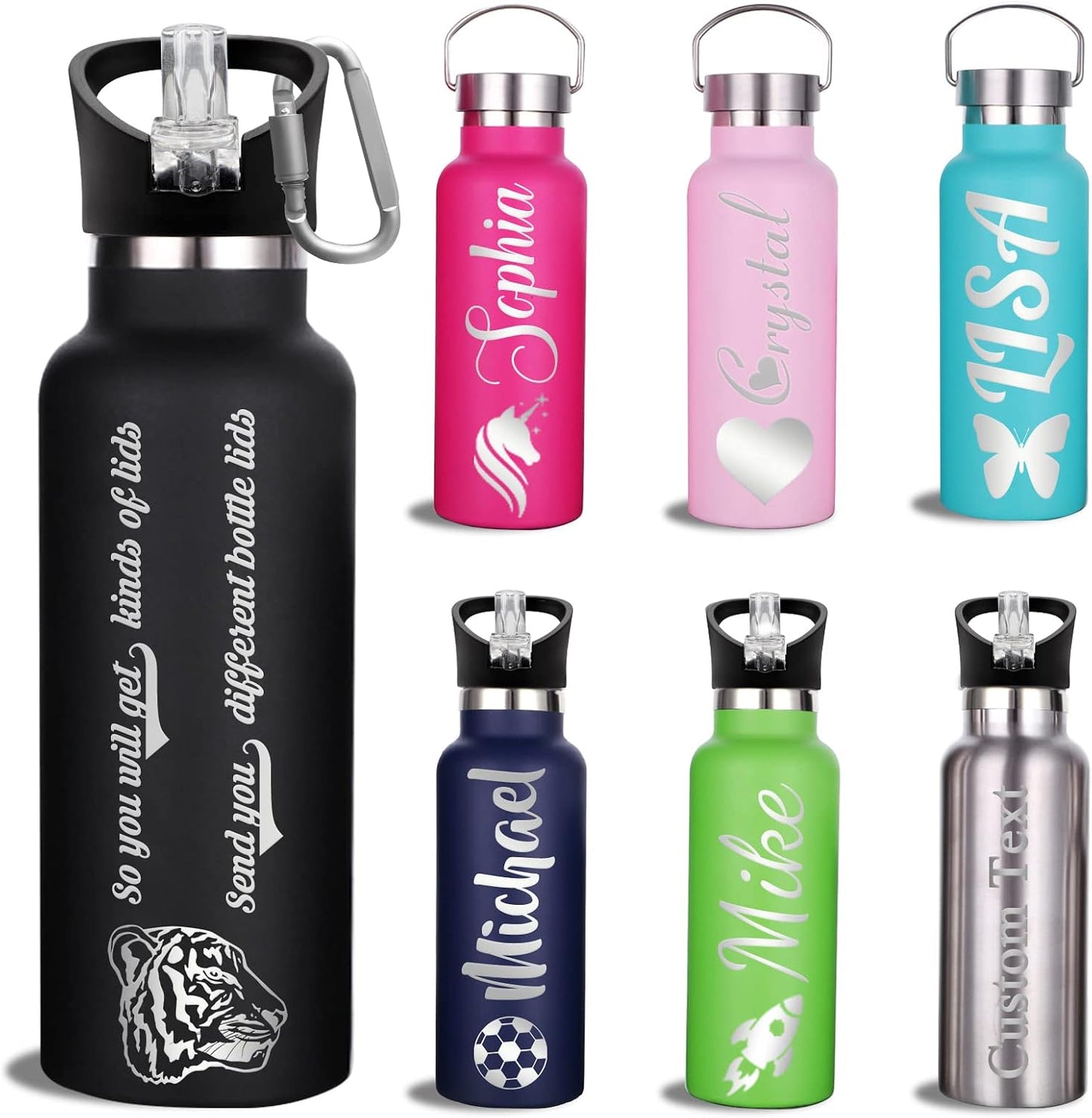 Botella agua aislada con pajilla grabada 26oz acero