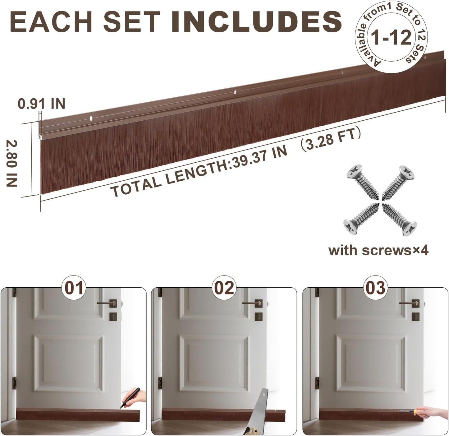 8 Cepillos Puerta 2.8x39.3" Kit Sello Aluminio Marrón