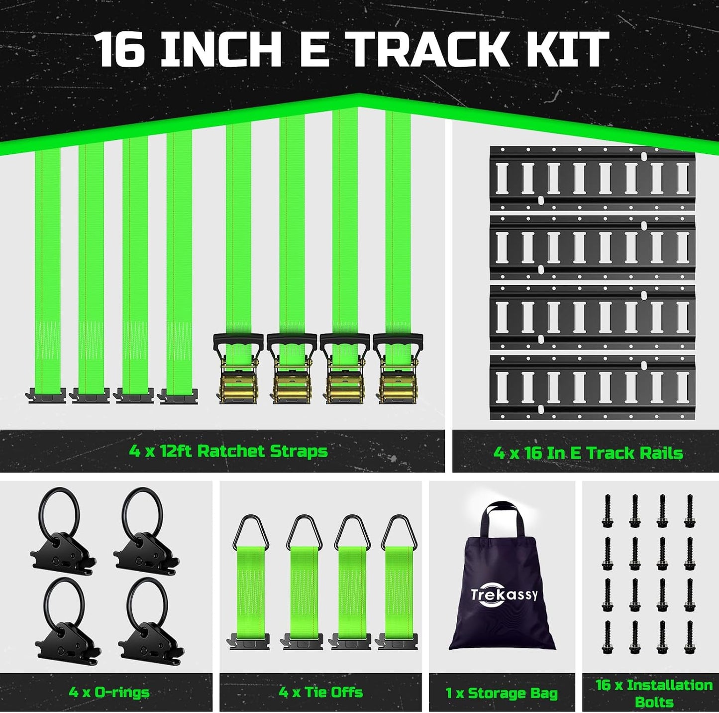 Kit rieles E Track 16" 12 accesorios 4 correas trinquete