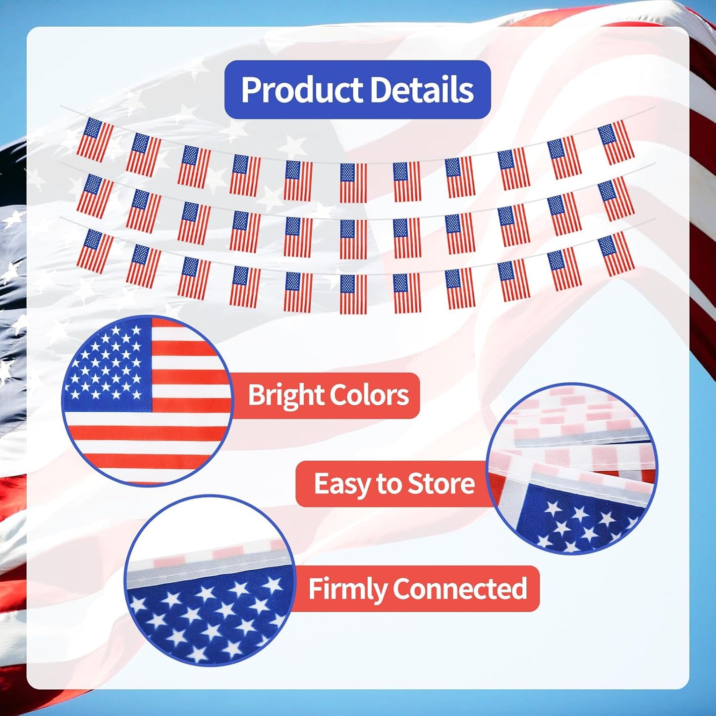 Banderines USA 32.8ft 38uds para 4 de Julio