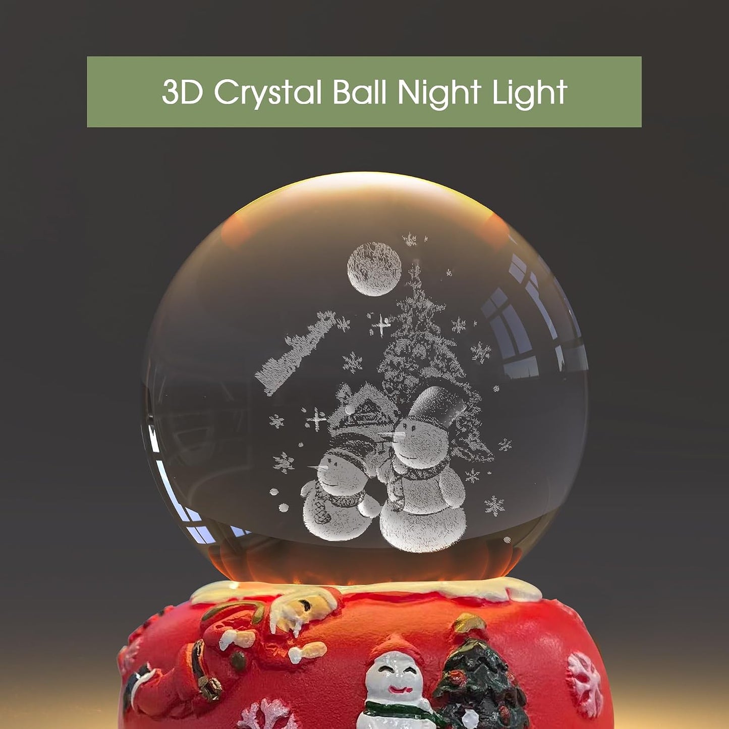 Luz Nocturna Bola Cristal 3D Muñeco Nieve Base Roja Navideña