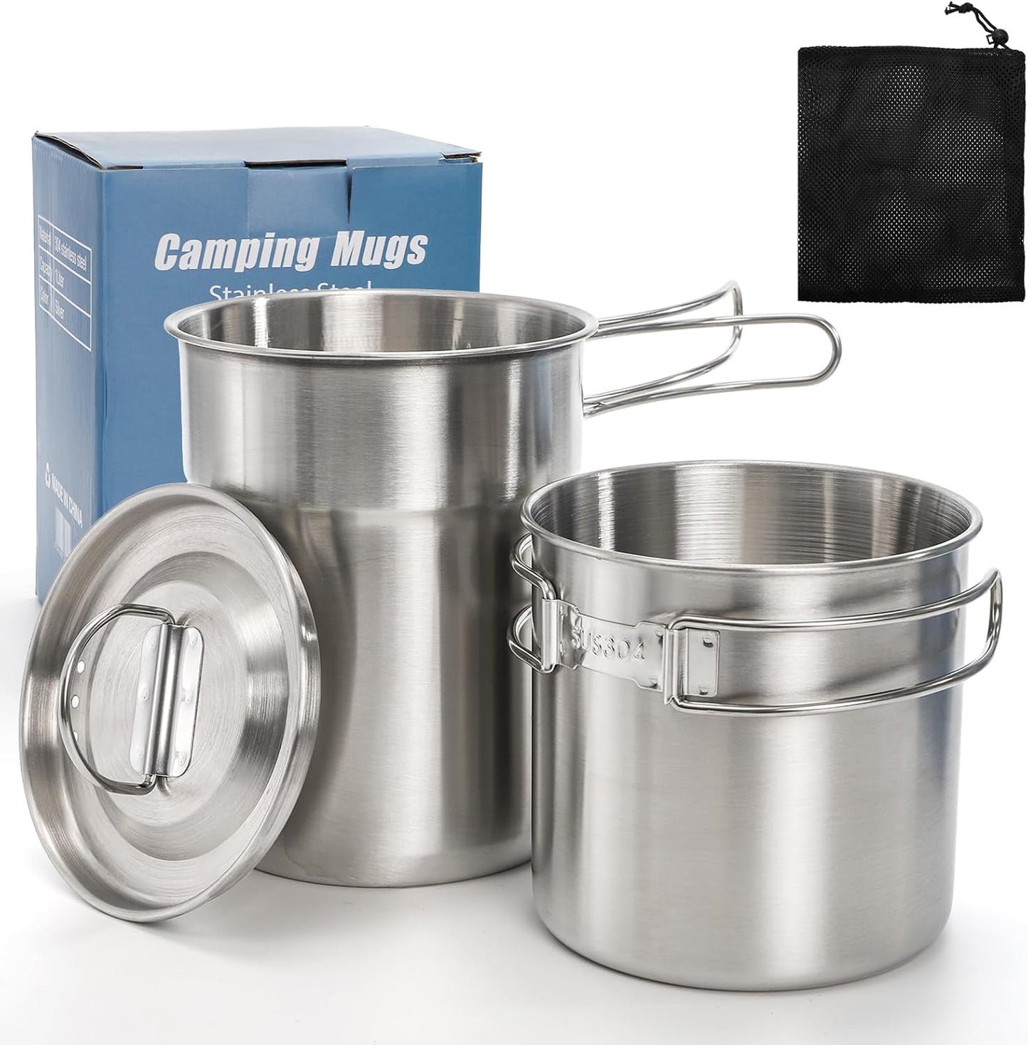 2 Tazas Camping Acero Inox Apilables con Bolsa Tapa