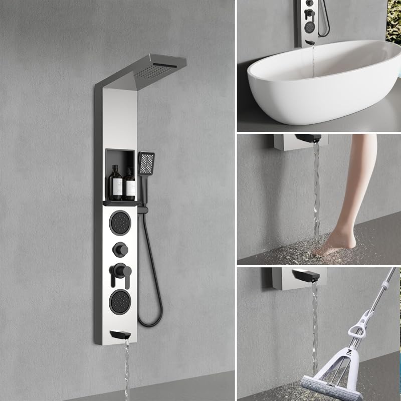 Panel ducha acero inox con lluvia y chorros ajustables negro