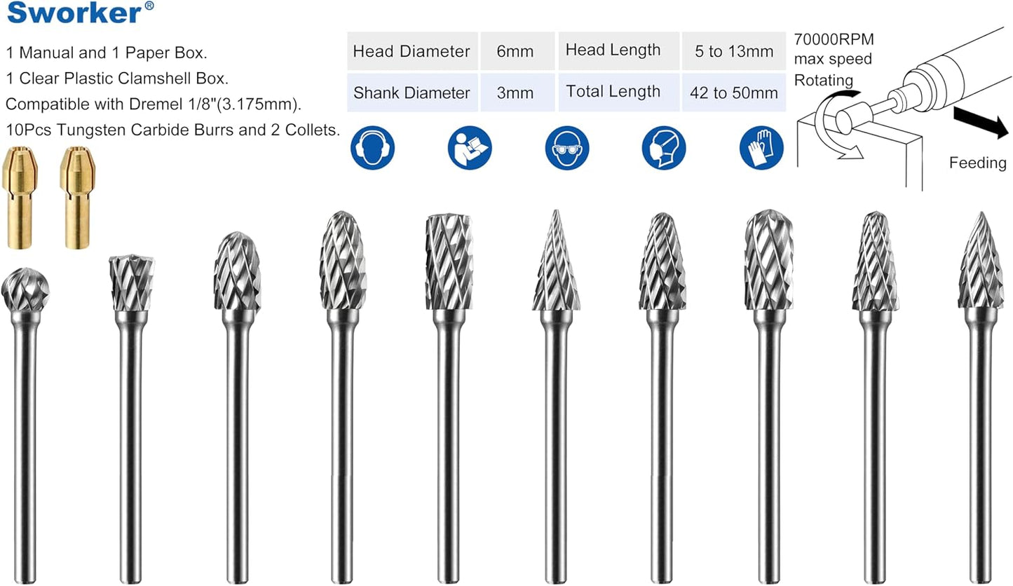 Set 10 Rebabas Carburo 1/8pulg con 2 Pinzas Comp Dremel