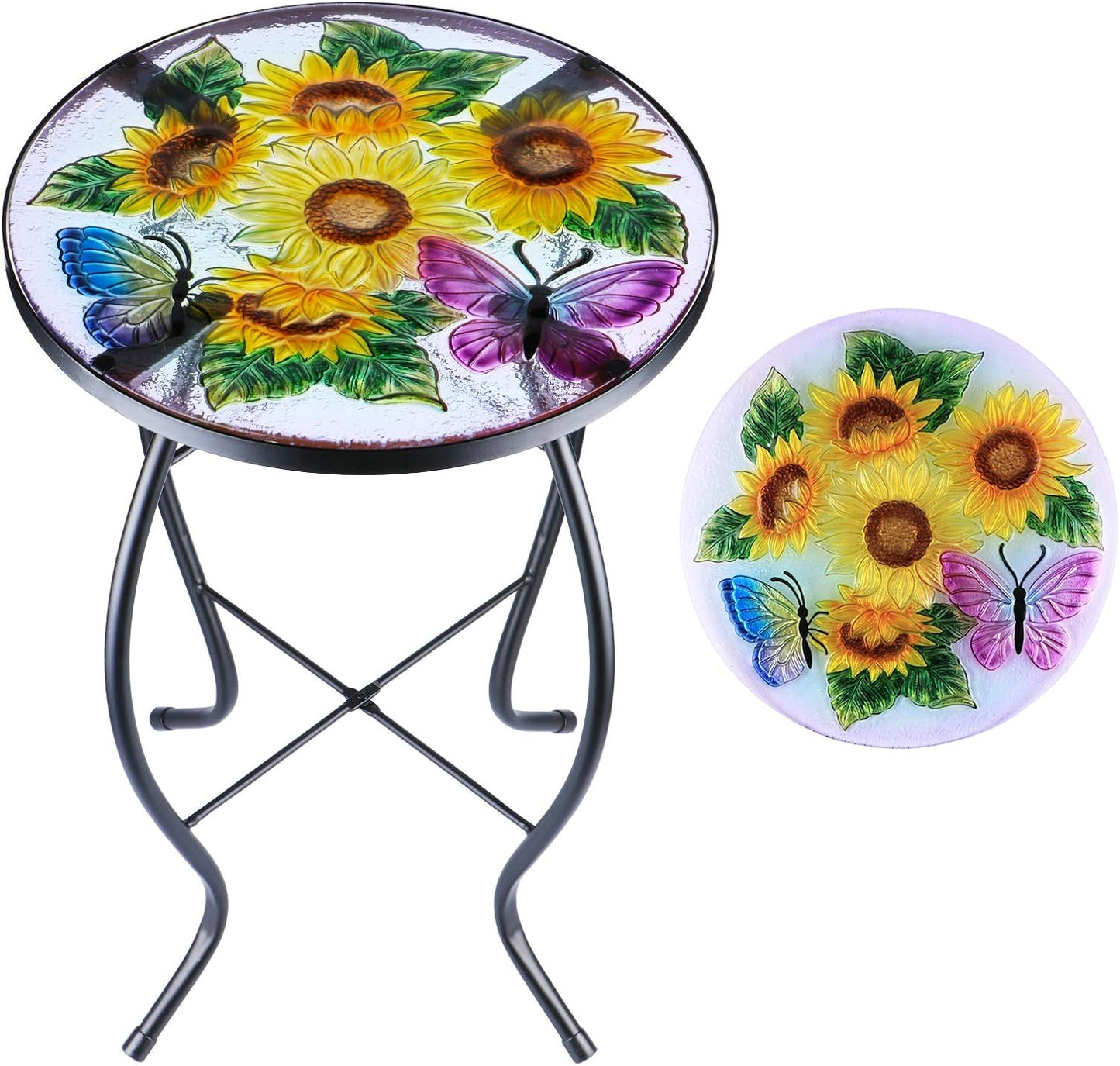 Mesa auxiliar redonda cristal 14" soporte plantas girasol