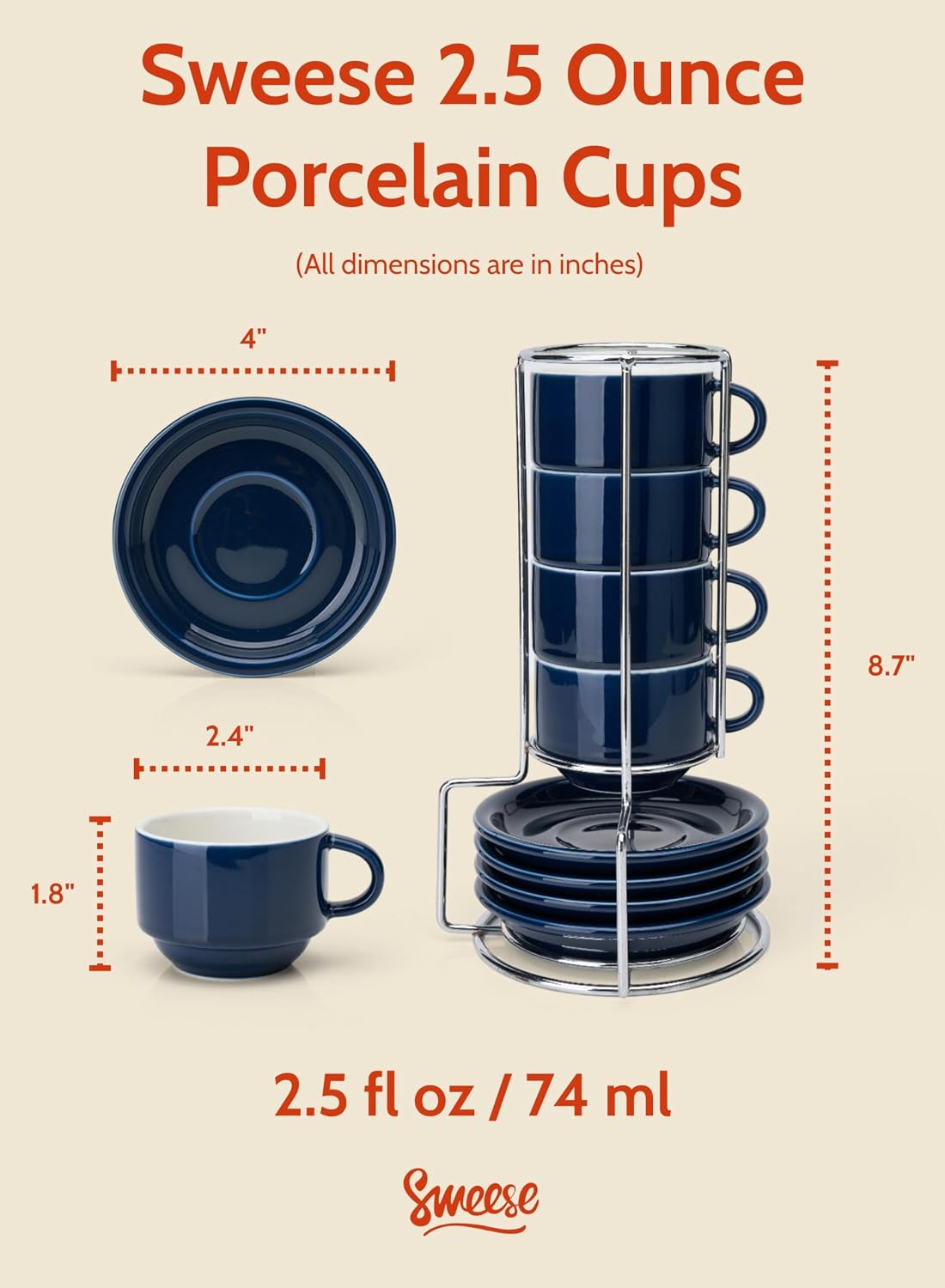 Set 4 Tazas Porcelana 2.5oz con Platillos y Soporte Metal Azul