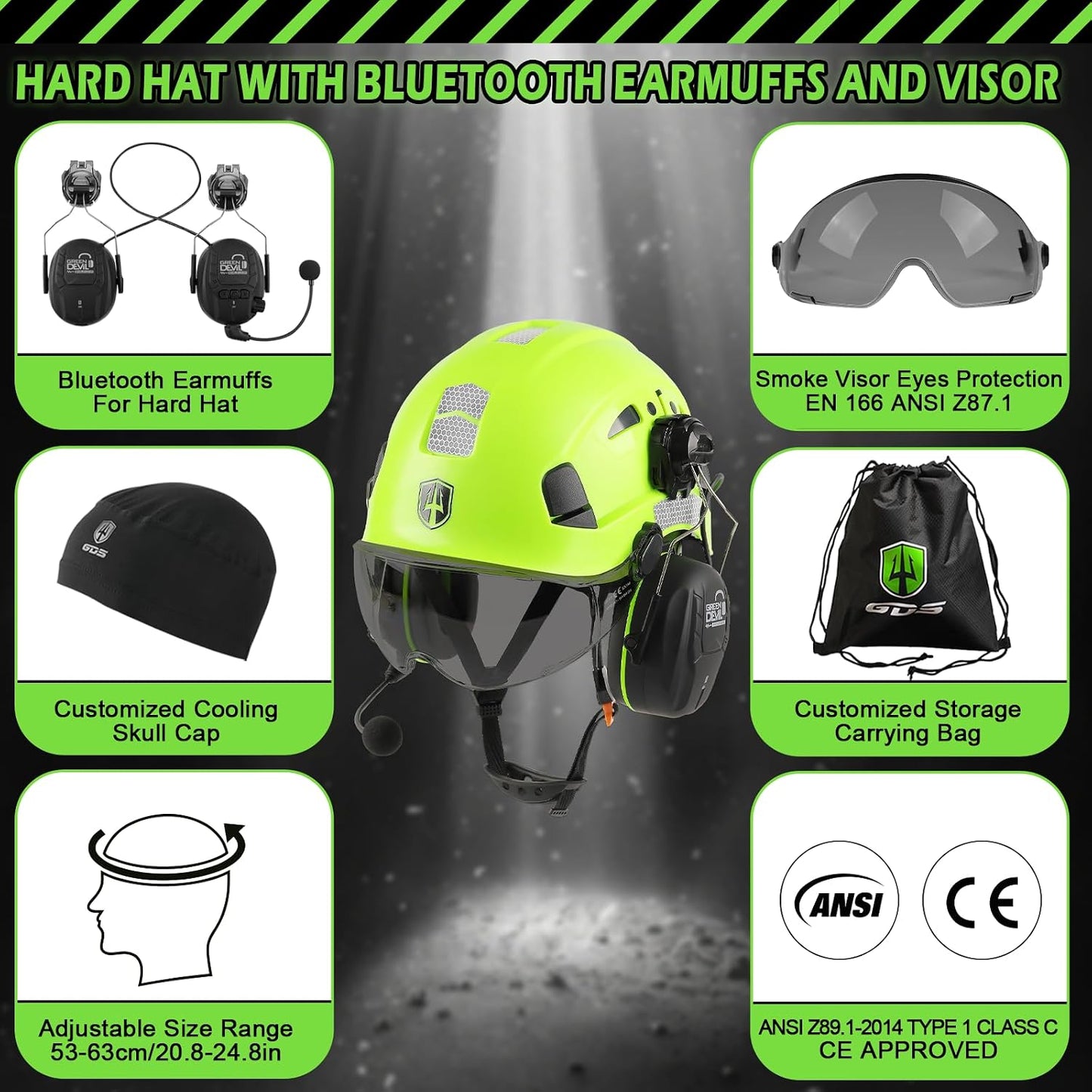Casco seguridad visera Bluetooth ventilado ANSI Z89.1