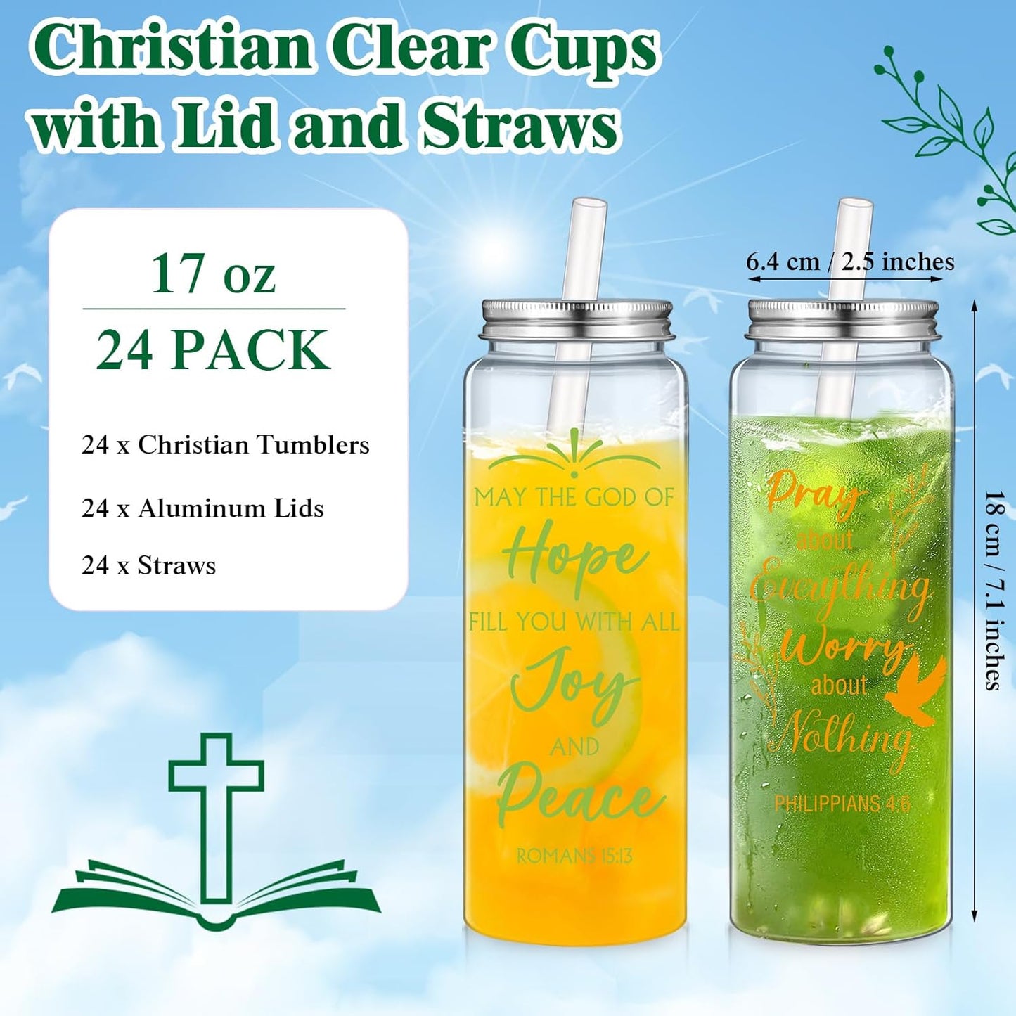 24 Pzas Tazas Cristianas 17oz con Tapas y Pajitas