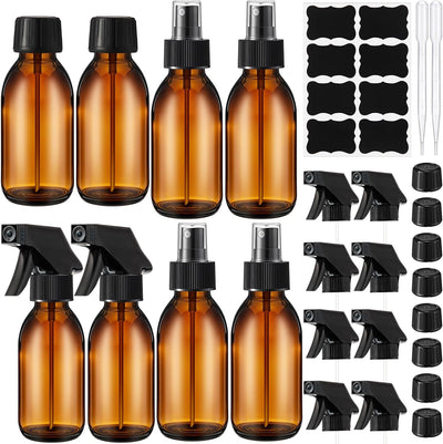 Set 8 Botellas Spray Vidrio Ámbar 4oz Recargables con Gotero