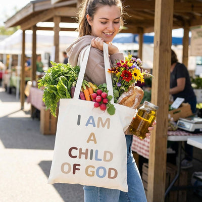 Bolsa de mano cristiana reutilizable con texto I Am A Child of God