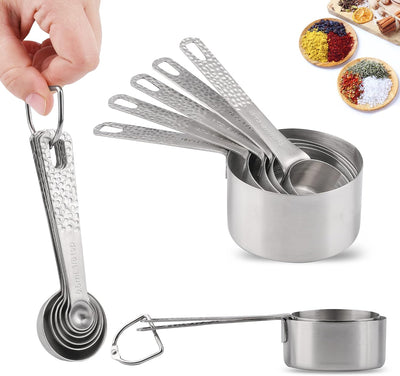 Juego 8 tazas y 9 cucharas acero inox medidoras con tabla magnética
