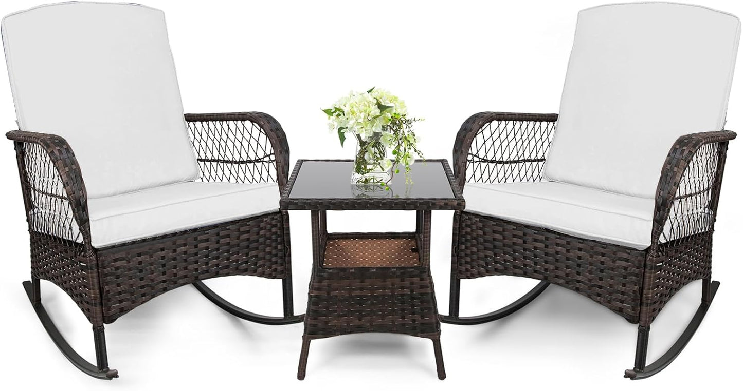 3 Pzas Mecedoras Mimbre Polietileno Mesa Cristal Blanco