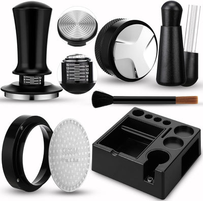 Kit de 7 accesorios para espresso de 51/58/2.087 pulgadas con resorte, calibrado, herramienta y embudo de dosificacion