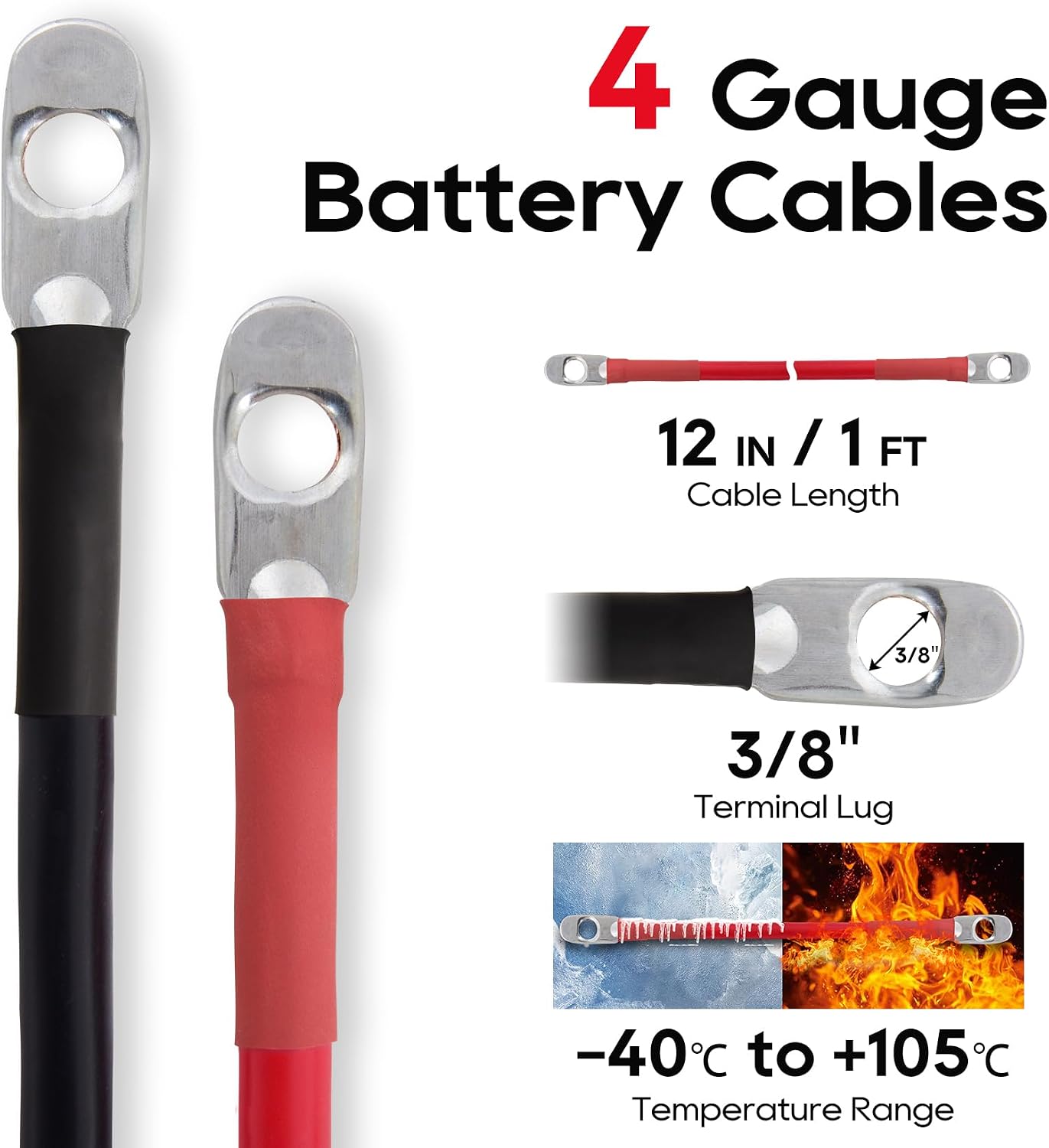 Cable batería 4AWG 12" conductor cobre terminales anillo 3/8