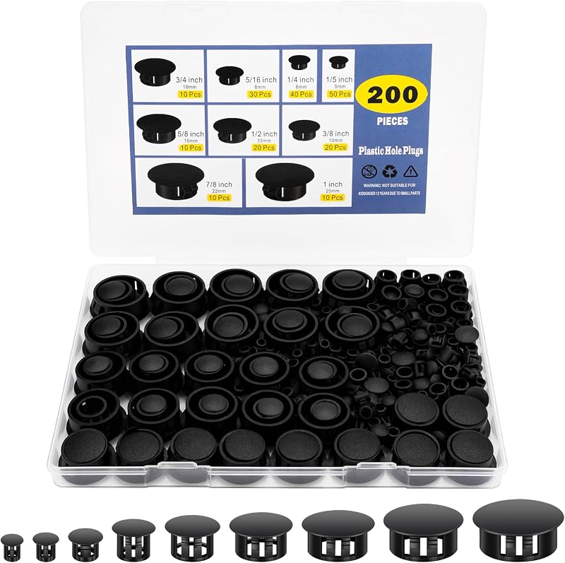 Set 200 tapones plástico ajuste preciso 9 tamaños negro