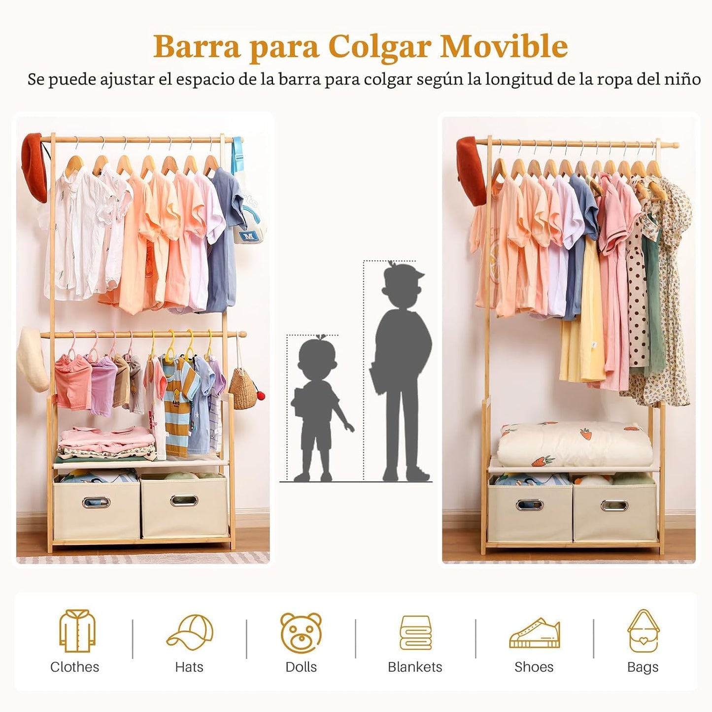 Perchero bambú para niños con 2 cestas y varillas ajustables