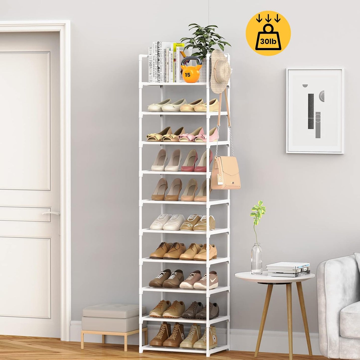 Organiz. estante metal 10 niveles zapatero vertical blanco