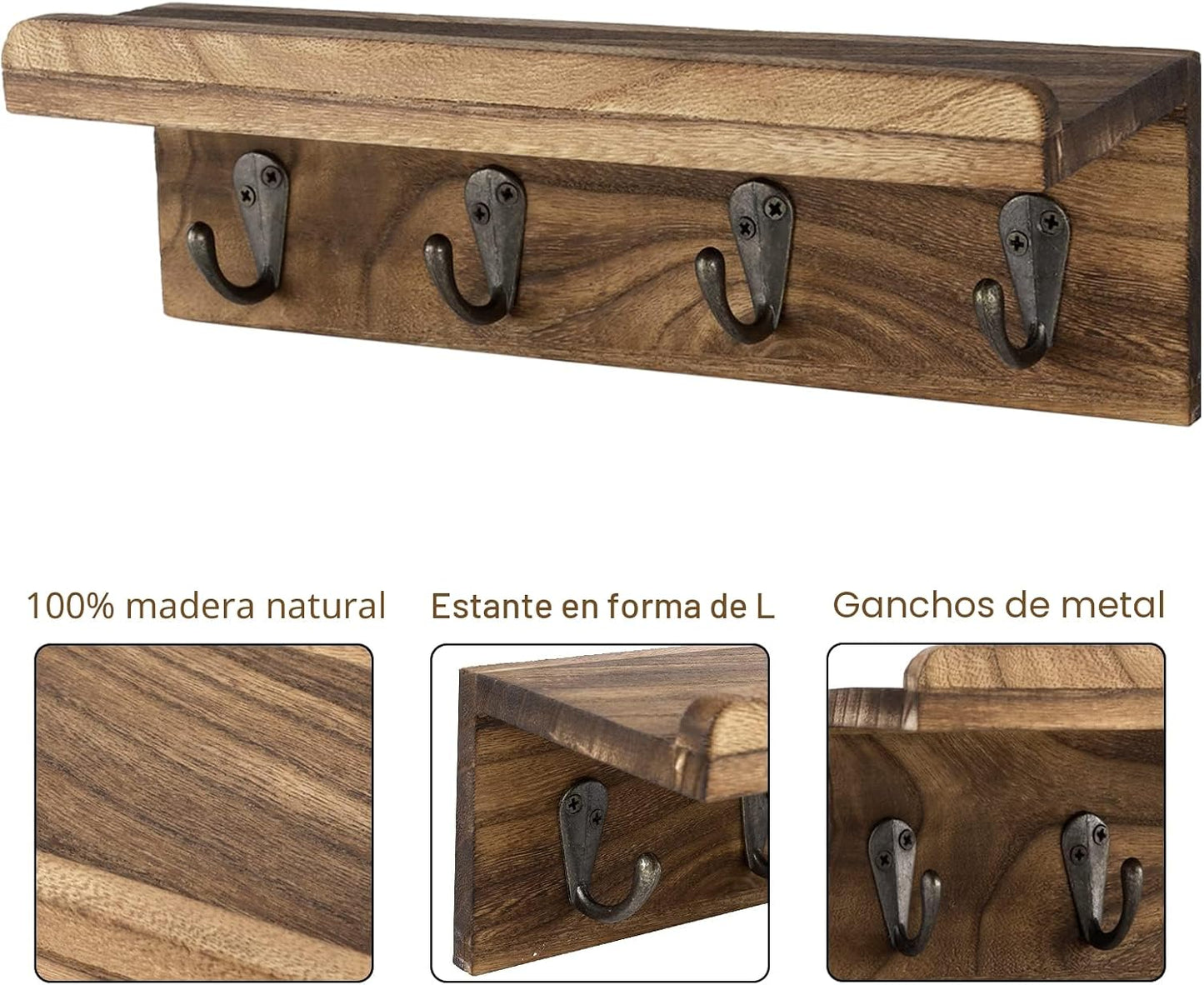 Soporte llaves pared madera 4 ganchos marrón
