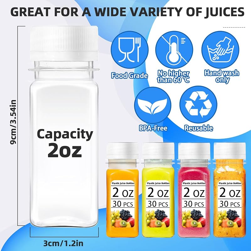 30 Botellas Plástico 2oz Tapas Blancas Reutilizables con 10 Embudos