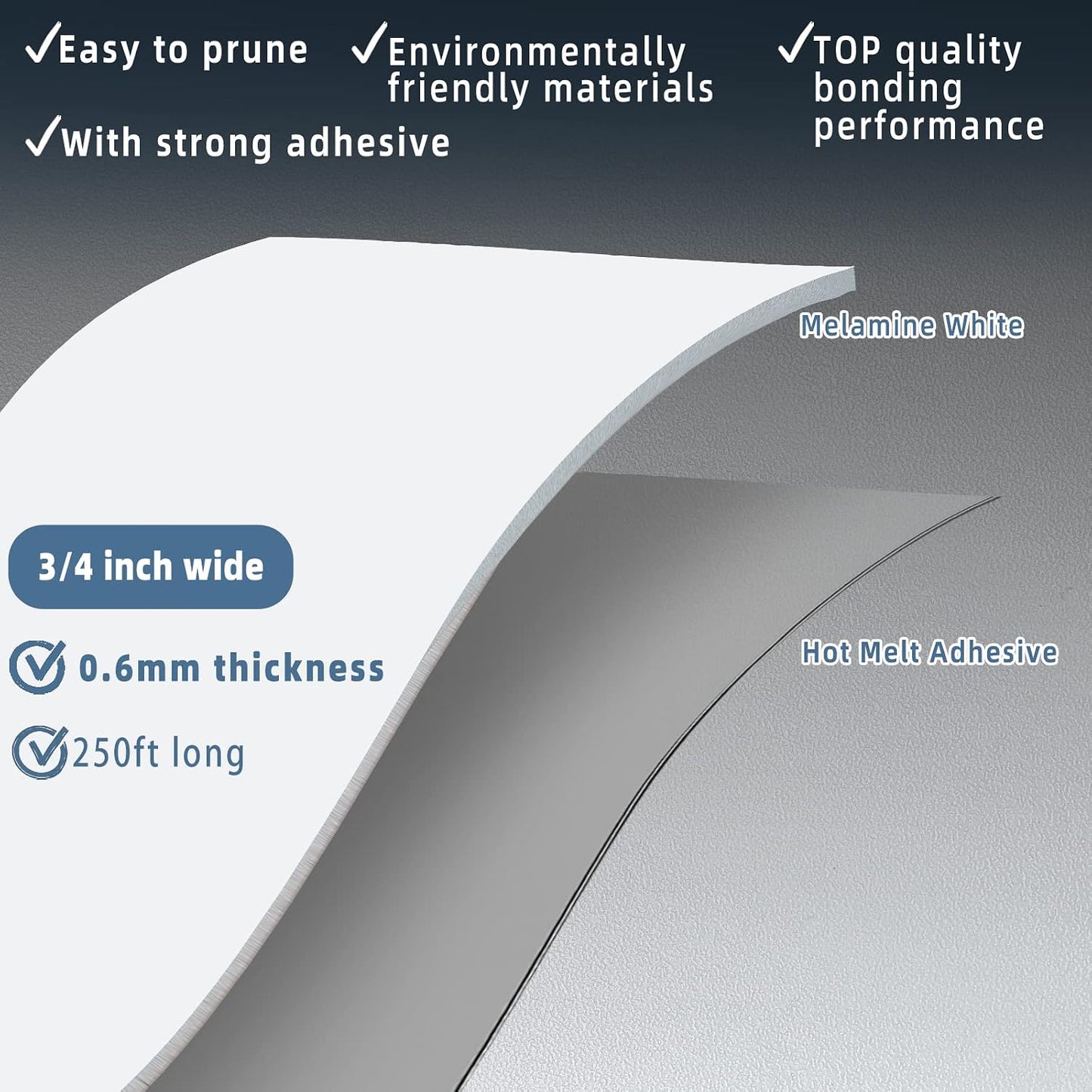 Bandas borde melamina blanca 3/4pulg x250ft para gabinetes