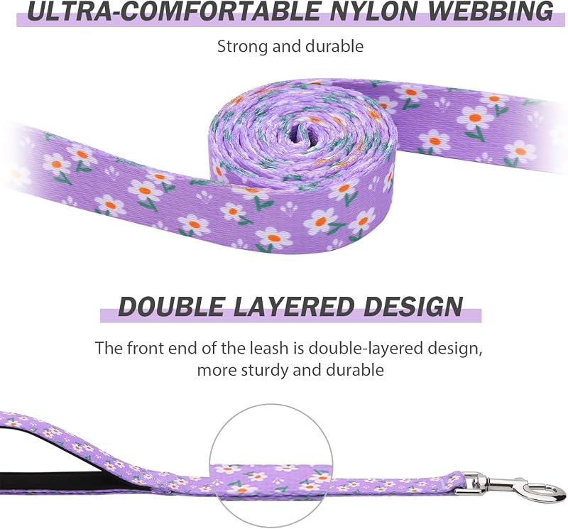Correa perro niña doble asa 5ft acolchada floral morado