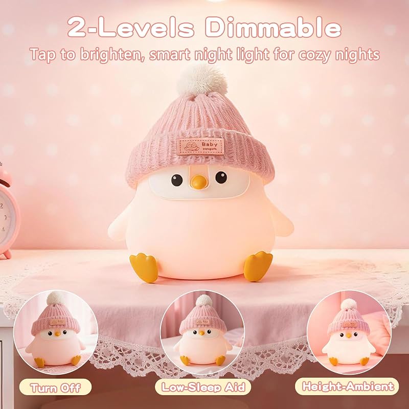Luz nocturna de pingüino rosa con sombrero para bebé recargable led