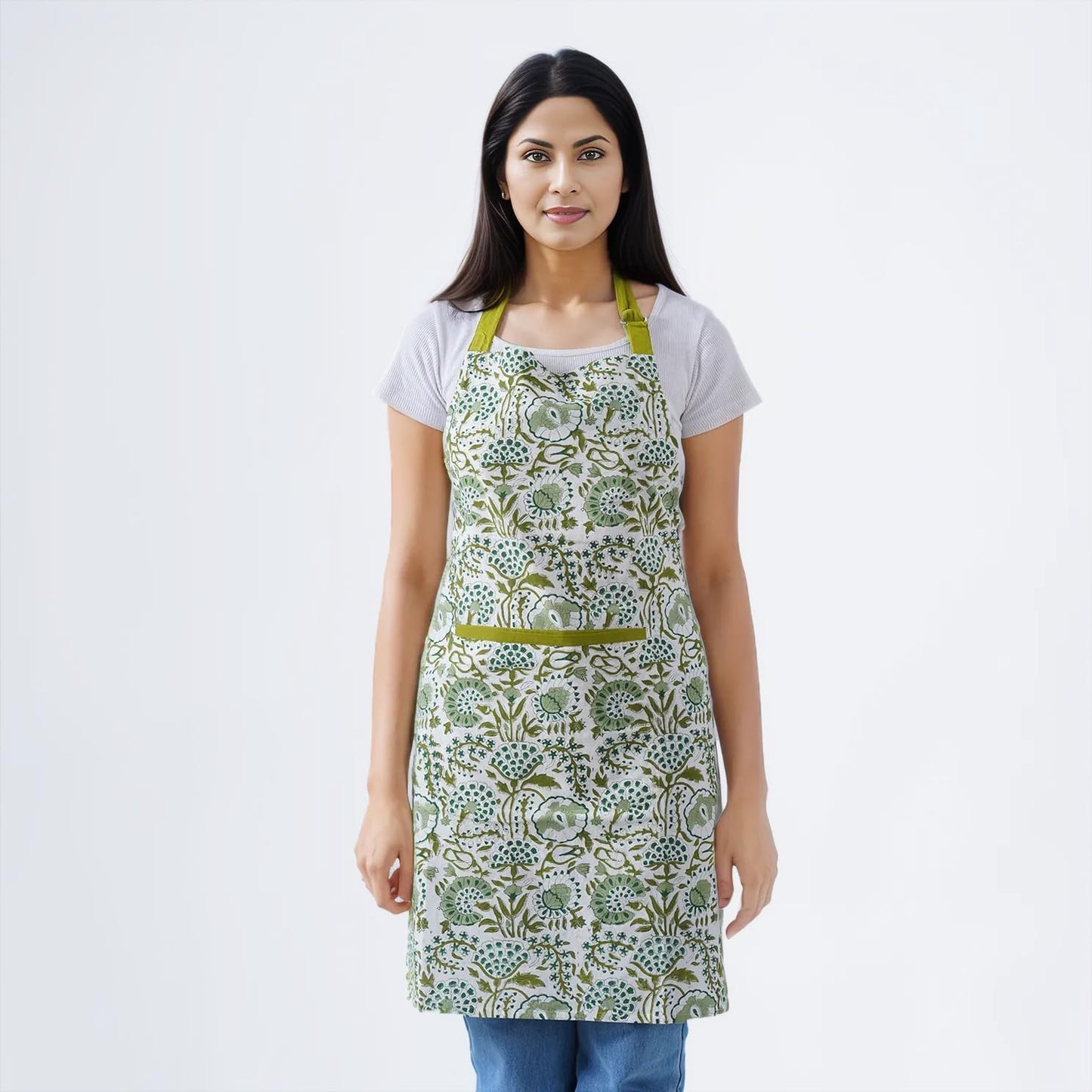 Delantal cocina algodón floral con bolsillo lazos ajustables