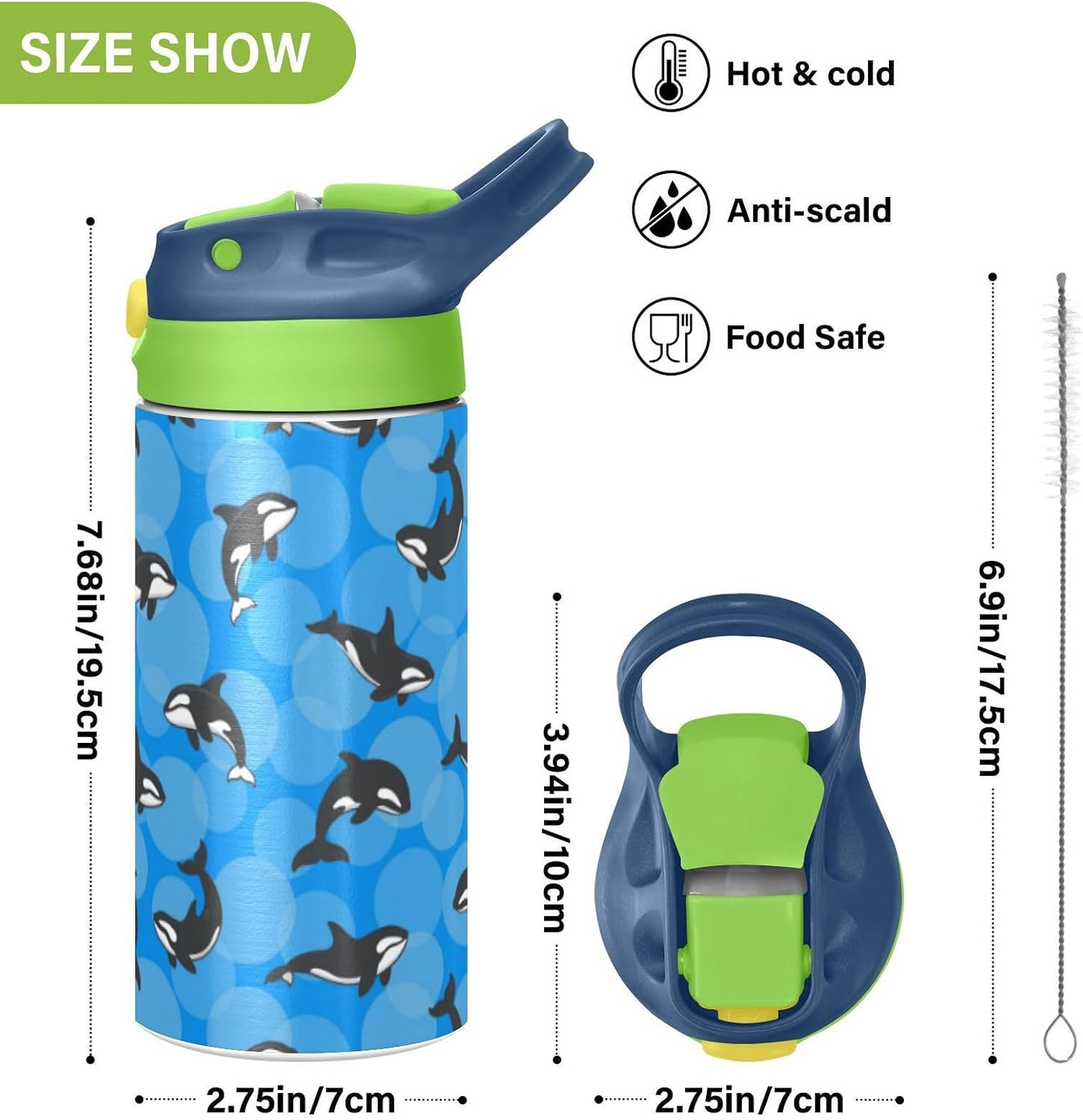 Botella agua doble pared con pajilla para niños 12oz