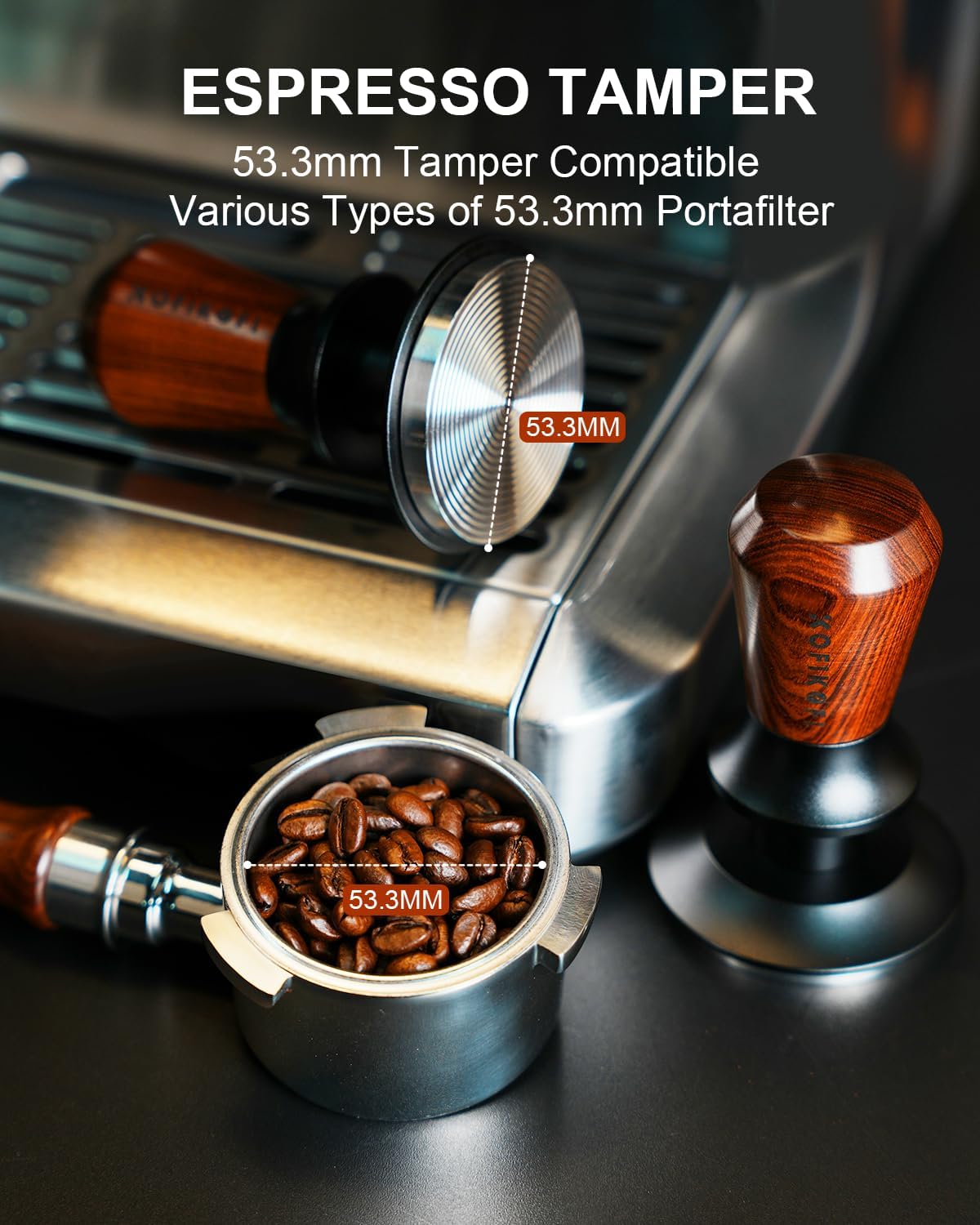 Tamper Espresso 53.3mm Acero Inox Ondulado Palisandro