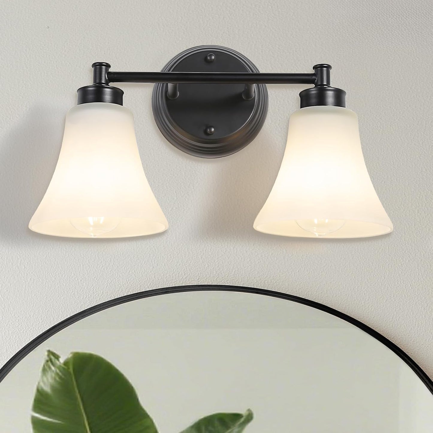 Lámpara baño 2 luces negro mate sobre espejo vidrio opalo