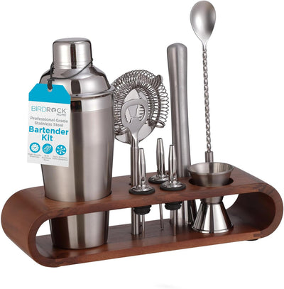 Set 10 Pzas Herramientas Bar Acero Inox Soporte Acacia