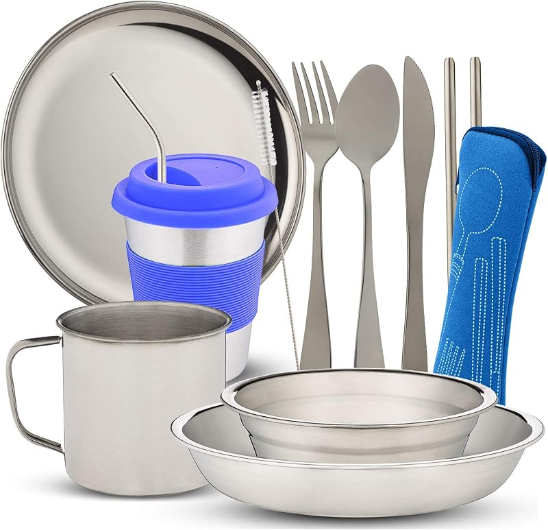 Set 10 Pzas Vajilla Camping Acero Inox con Bolsa Malla