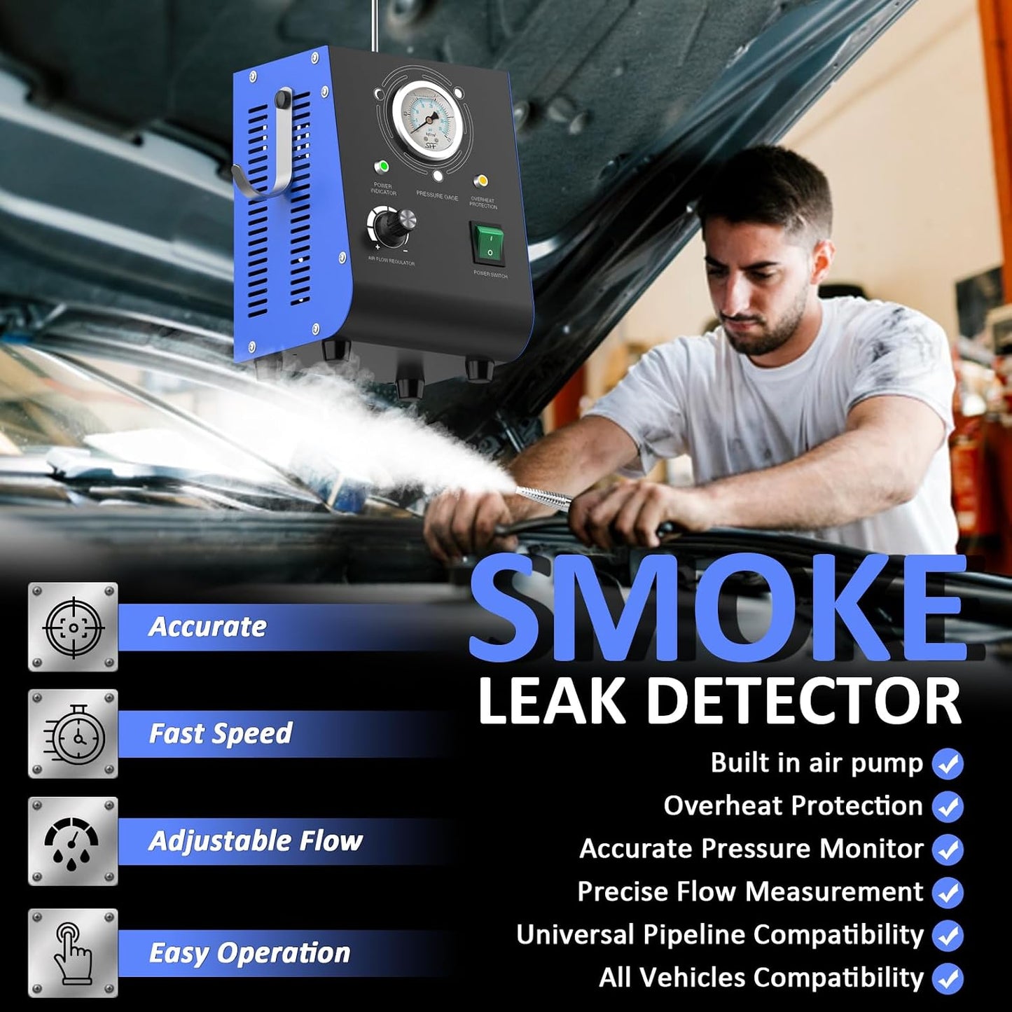 Detector fugas humo automotriz con bomba aire 12V