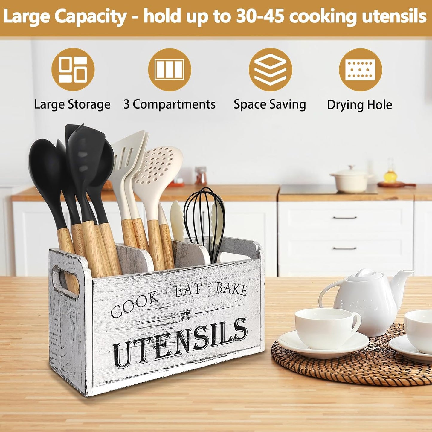 Soporte utensilios madera 3 compartimentos cocina rústica