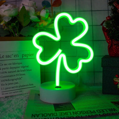 Letrero neón trébol verde con base USB o 3 pilas AA