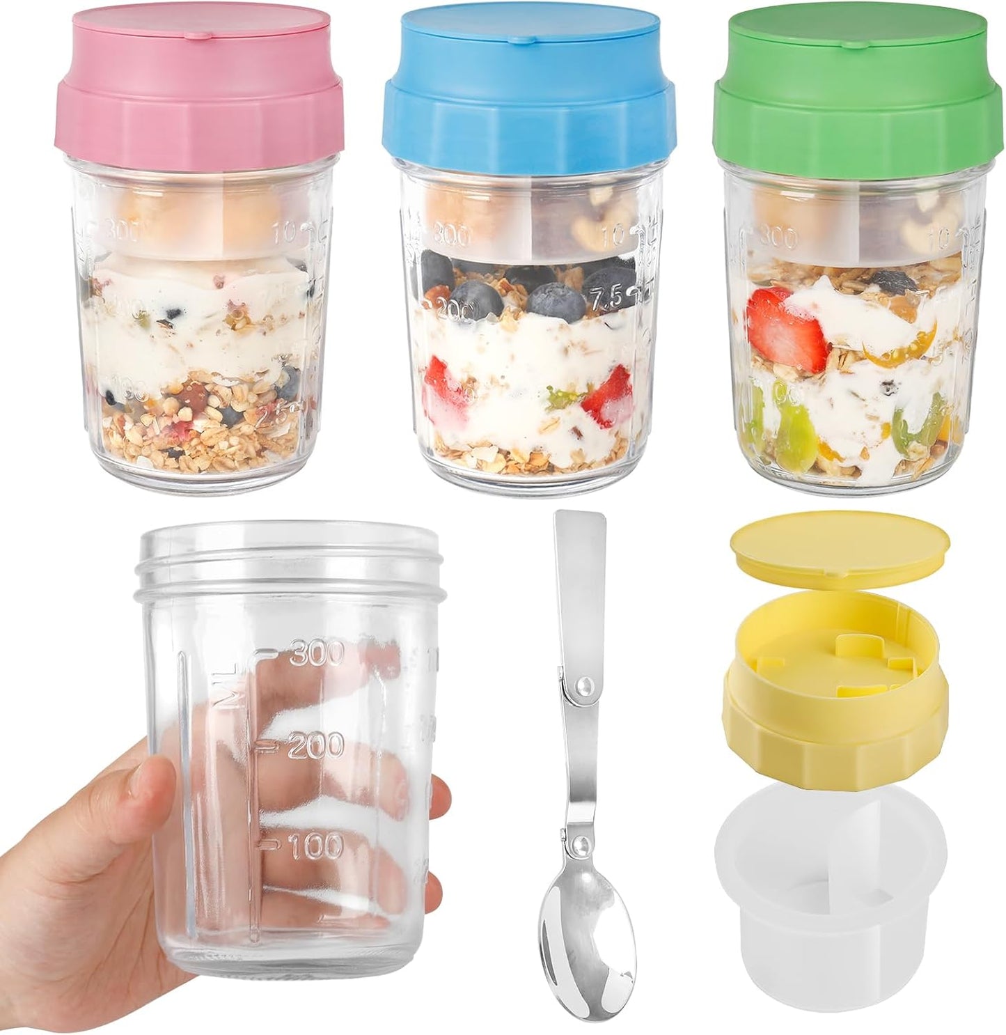 4 Pzas Tarros Mason 16oz Vidrio con Tapas y Cucharas Plegables