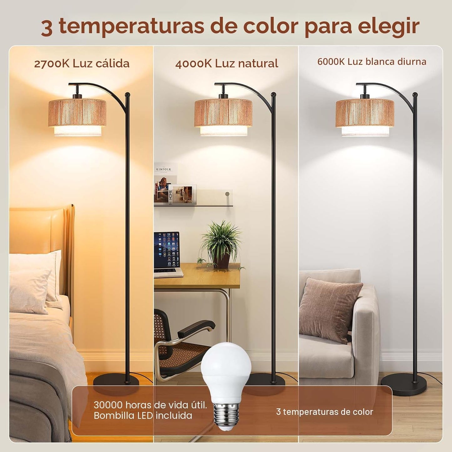 Lámpara pie sala LED 12W 3 temperaturas ajustables ratán