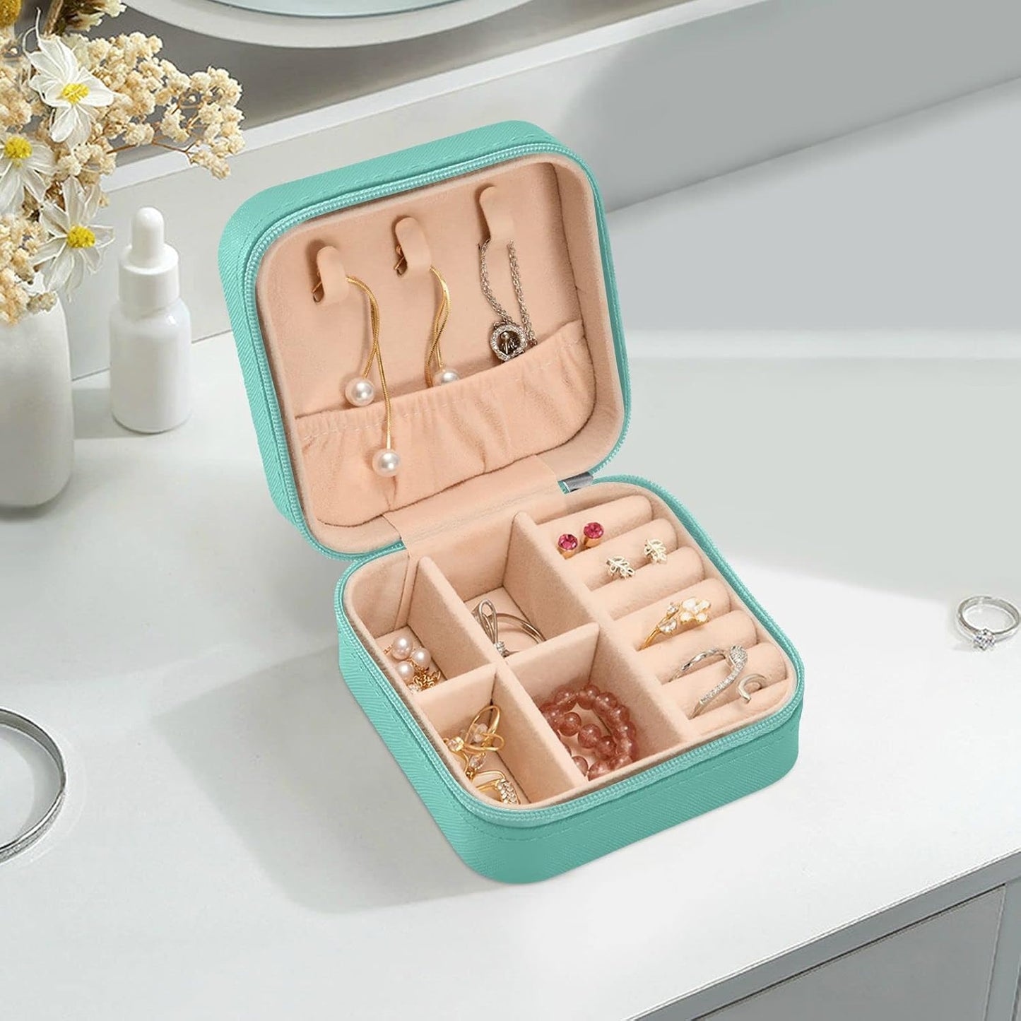 Joyero viaje cuero mini con diseño flores para mujeres
