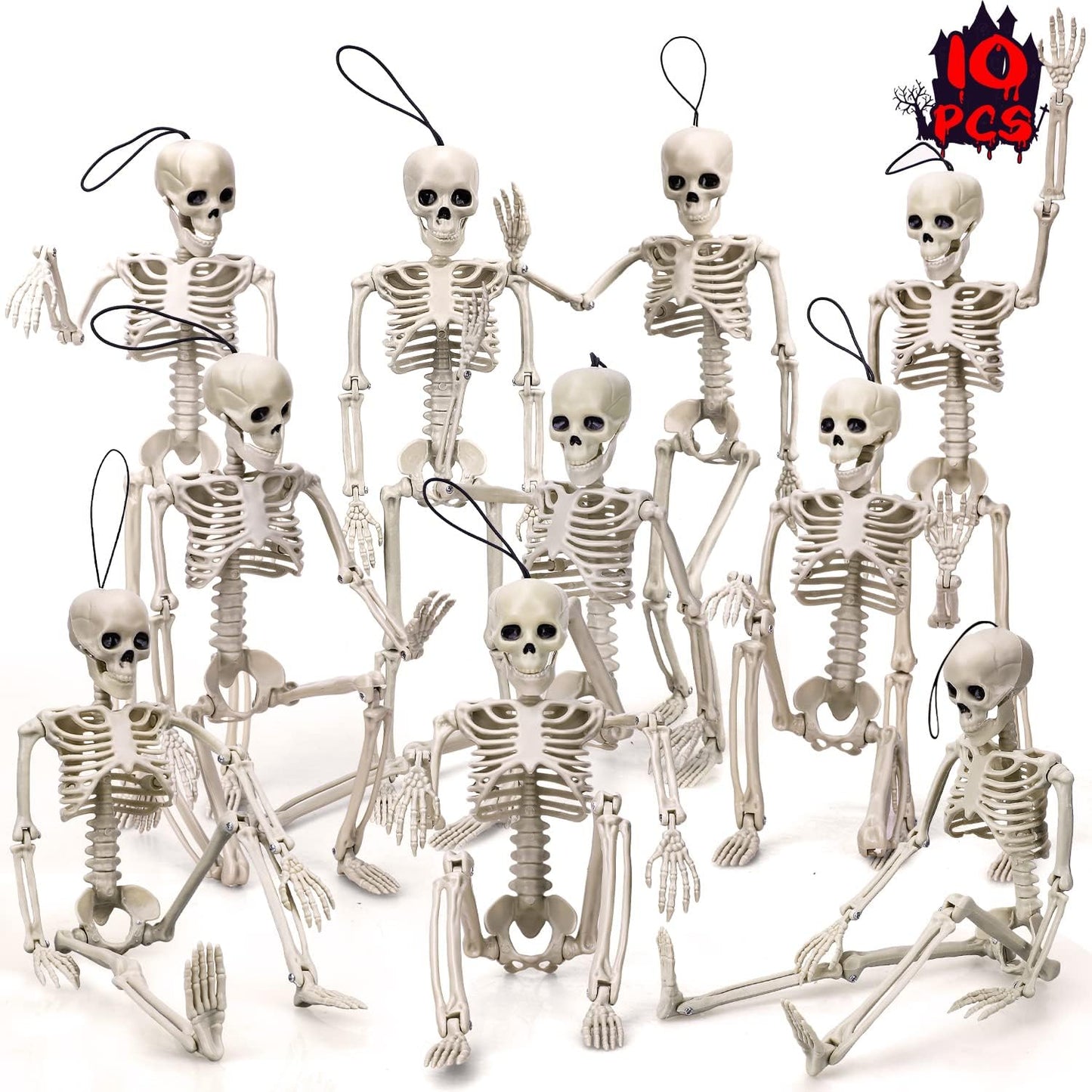 Esqueleto plástico Halloween 16pulg 10 articulaciones colgante
