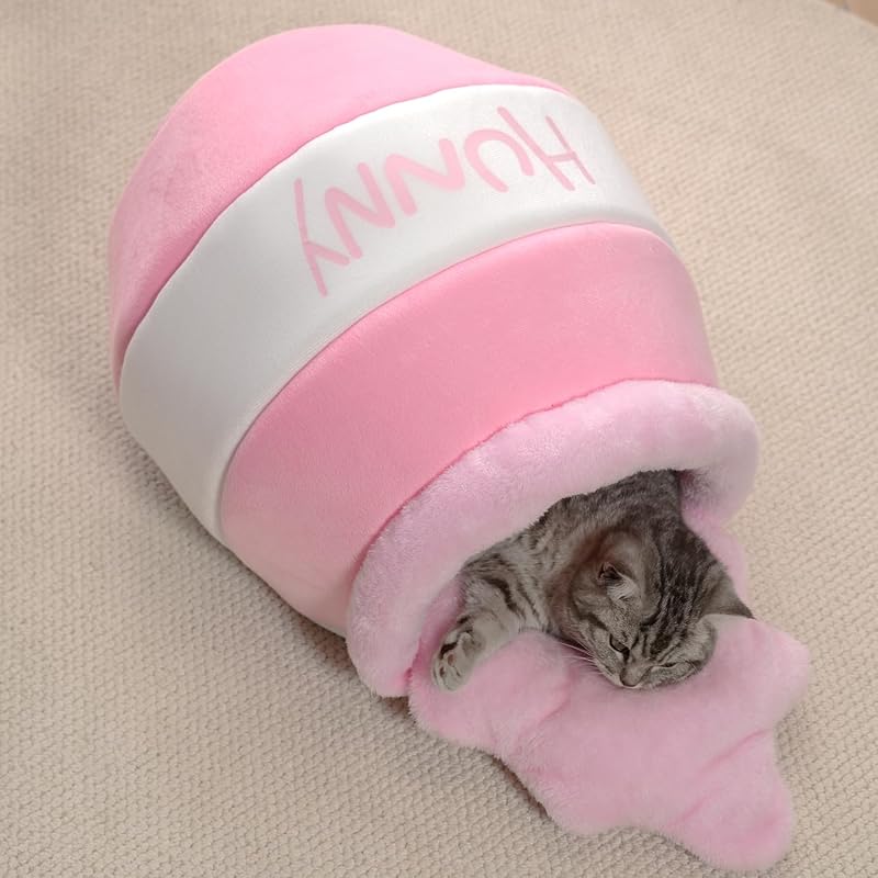 Cama gato forma tarro miel suave con esponja rebote cojin rosa