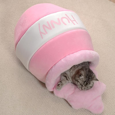 Cama gato forma tarro miel suave con esponja rebote cojin rosa